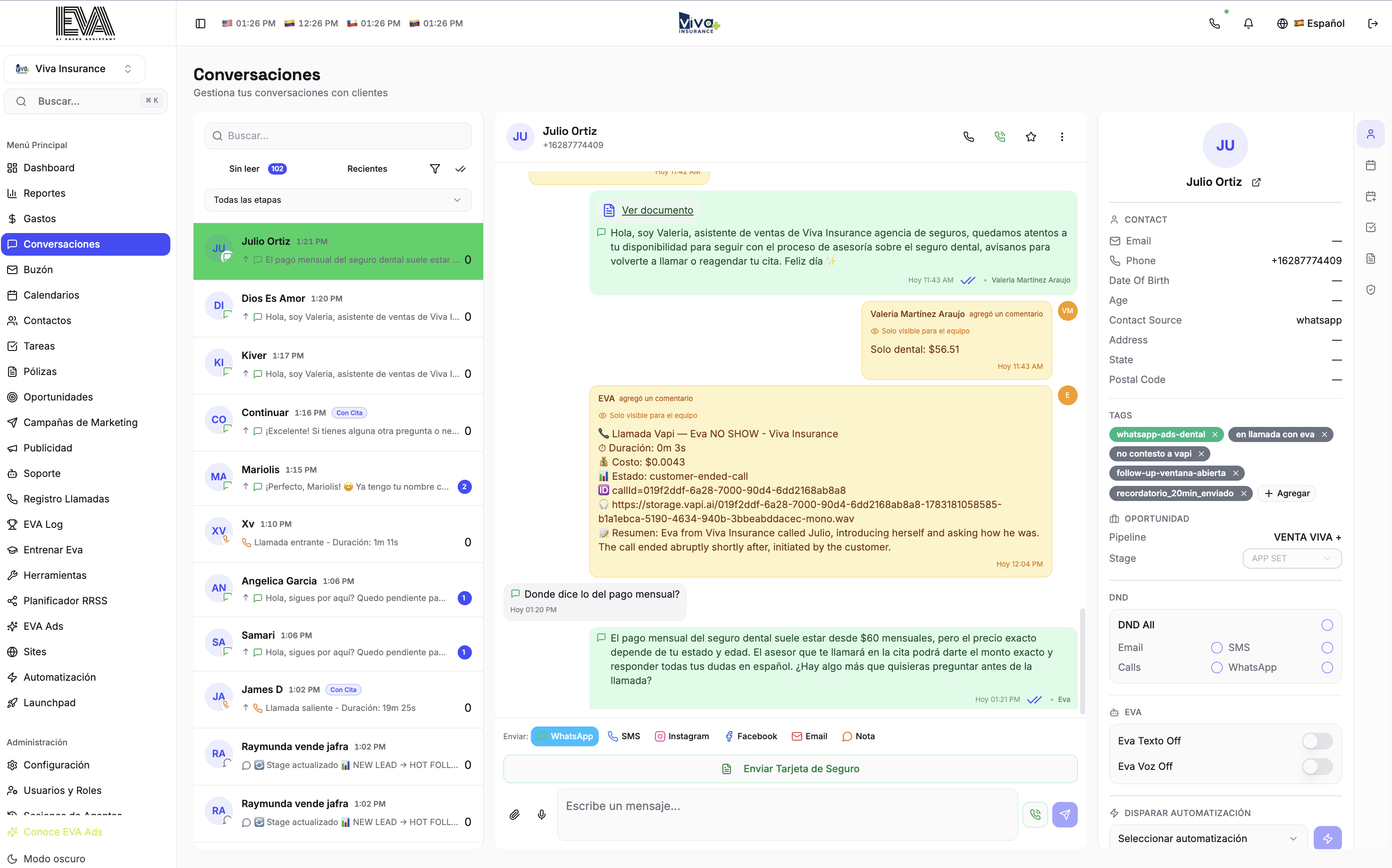 Bandeja de conversaciones de WhatsApp, Instagram y Facebook centralizada en EVA